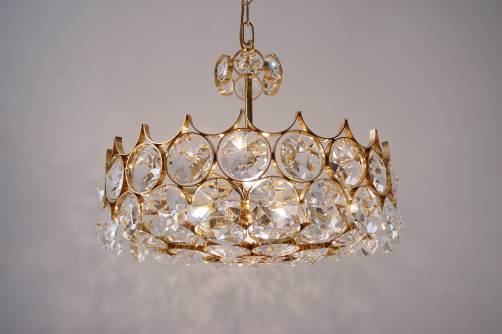 Palwa chandelier, gold plate & faceted crystals, 1970`s ca, German
